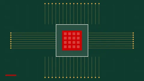 Ilustrim i një çipi kompjuterik të kuq në qendër të një qarku elektronik me linja të arta