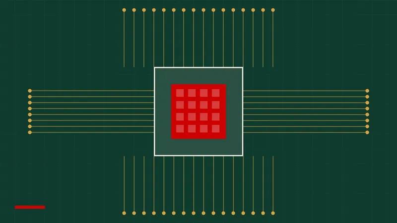 Ilustrim i një çipi kompjuterik të kuq në qendër të një qarku elektronik me linja të arta