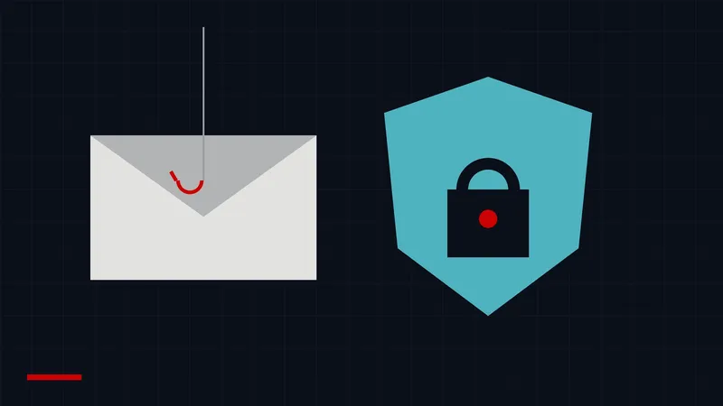 Ilustrim i një zarfi email-i me një grep peshkimi dhe i një mburoje me dry sigurie