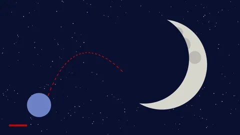 Ilustrim i një gjysmëhëne gri me kratere dhe i një trajektoreje të kuqe me vija që nis nga një planet i vogël blu