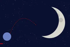 Ilustrim i një gjysmëhëne gri me kratere dhe i një trajektoreje të kuqe me vija që nis nga një planet i vogël blu