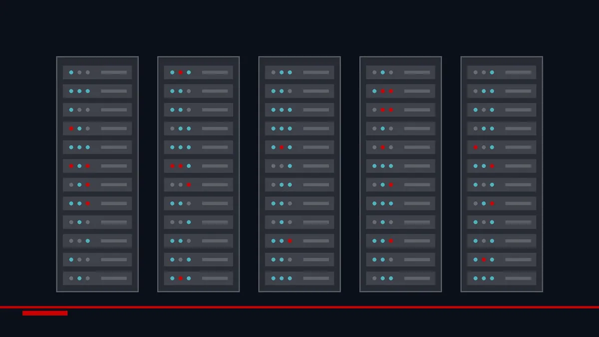 Ilustrim i pesë rafteve me serverë me drita të vogla blu dhe të kuqe në një qendër të dhënash