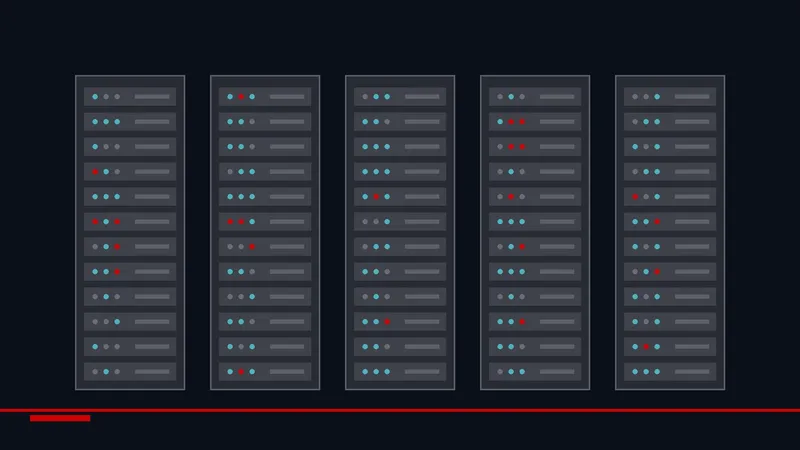 Ilustrim i pesë rafteve me serverë me drita të vogla blu dhe të kuqe në një qendër të dhënash